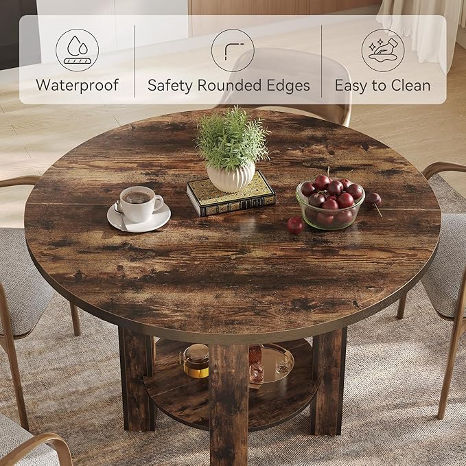 LITTLE TREE 39-Inch Round Dining Table for 4, Small Farmhouse Kitchen Dinner Table with Storage, 2-Tier Wooden Kitchen and Dining Room Furniture, Rustic Brown