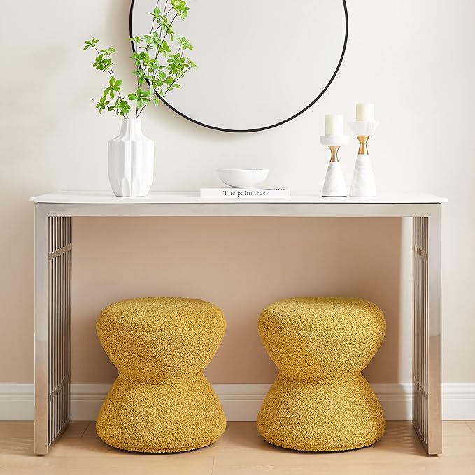 VANOMi Multi-Functional Boucle Ottoman, Vanity Stool Chair, Sturdy Rotating Wooden Footstool, Suitable for Living Room, Bedroom, and Entryway, Without Installation, Swivel, Yellow