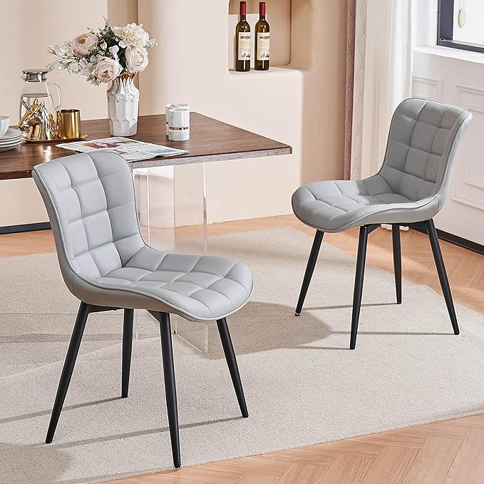 YOUTASTE Dining Chairs Set of 2 PU Leather Upholstered Modern Kitchen&Dining Room Chairs with Back Metal Legs Armless Accent Guest Dinner Chairs for Vanity Reception Waiting Room,Grey