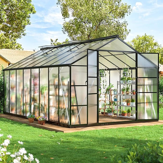 WKM 10x16 FT Greenhouse for Outdoors, Polycarbonate Greenhouse with Roof Vent and Quick Setup Structure, Enhanced Aluminum Greenhouse for Garden Backyard, Black