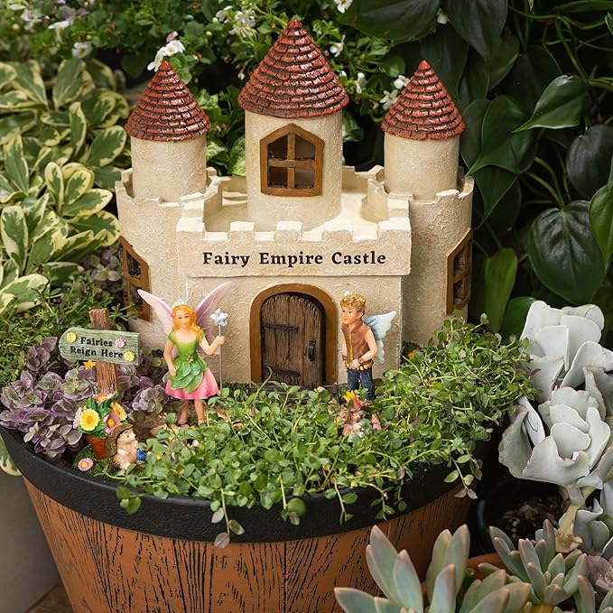 PRETMANNS Fairy House Kit - Fairy Garden Accessories for Outdoor Miniature Village Decor, with Castle, Prince and Princess Fairies & Sign - House, 9’ High & Door can Open Wide - 4 Piece Supplies