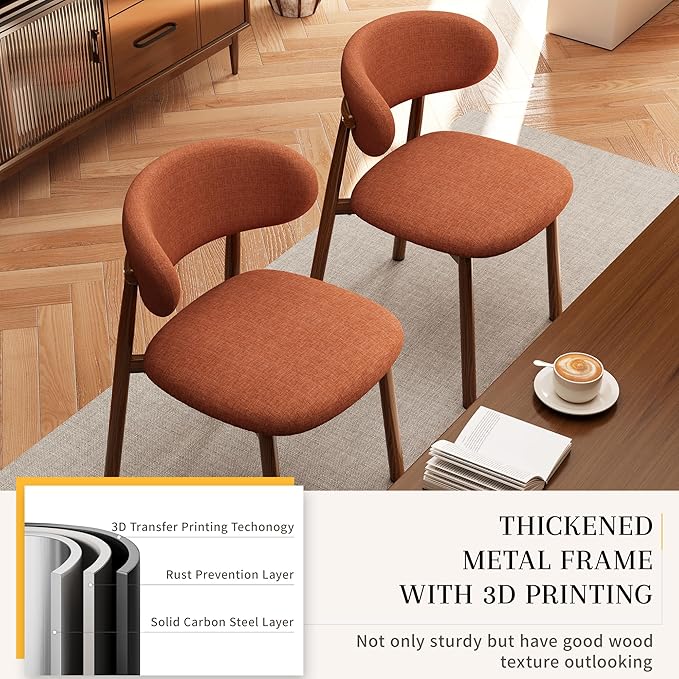 Kitchen Dining Chairs Set of 4 Modern Soft Linen Farmhouse Dining Room Chair with Metal Legs, Orange/Walnut