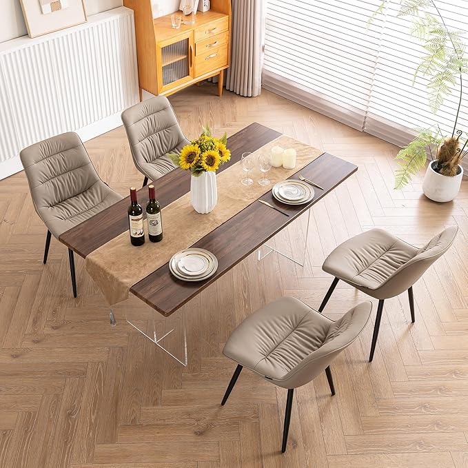 Kidol & Shellder Dining Chairs Set of 2, Modern Upholstered Faux Leather Kitchen Side Chairs with Comfortable Back - Mid-Century Armless Chair for Dining Living Room Bedrooms, with Metal Legs (Khaki)