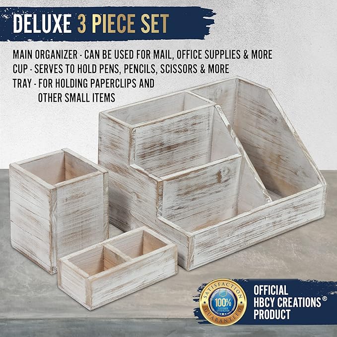 HBCY Creations Rustic Wooden Desk Organizer Set, 3-Piece Whitewashed Mail Organizer for Desktop - Great for Rustic or Industrial Home Decor