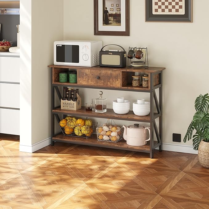 Mexin 39 Inch Console Sofa Table with Drawer, Entryway Table with Storage Shelves, Industrial Wood Hallway Table for Living Room Couch Foyer Kitchen Counter, Rustic Brown