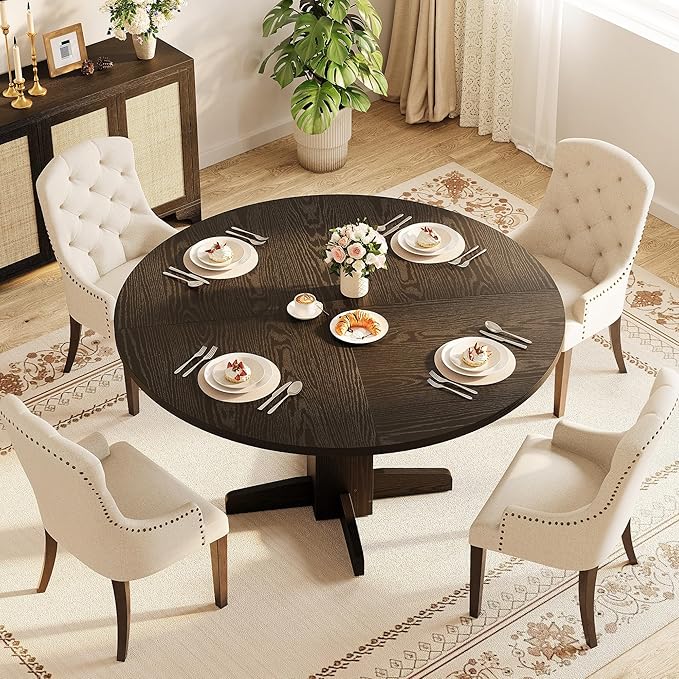 Garvee Round Dining Room Table for 4-6, 47" Wood Kitchen Table with Sturdy Pedestal Base, Farmhouse Circle Dinner Tables for Living Room, Apartment, Black