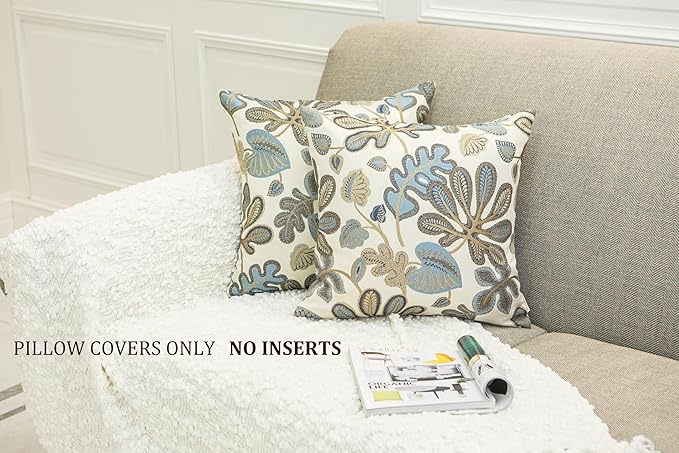 Mika Home Set of 2 Jacquard Tropical Leaf Pattern Throw Pillow Covers Decorative Pillowcase 22X22 Inches,Blue Cream