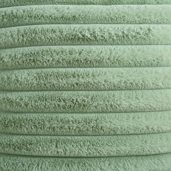FUTEI Sage Green Striped Decorative Throw Pillow Covers 14x14 Inch Set of 2,Square Fall Decorations Couch Pillow Case,Soft Cozy Faux Rabbit Fur & Velvet Back,Modern Home Decor for Bed