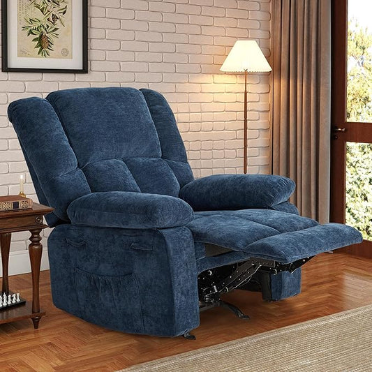 Velvet Rocker Recliner for Adults, Overstuffed Manual Recliner Chair with Spring Cushion, Rocking Chair with Side Pockets, Nursery Glider Recliner Single Sofa for Living Room (Medium, Blue)