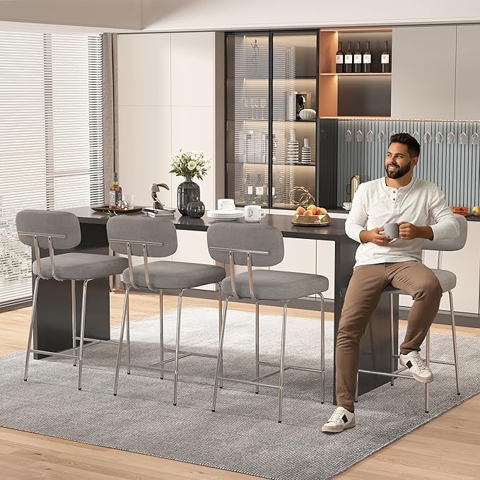 Counter Height Bar Stools Set of 3, 26" Gray Fabric Kitchen Counter Stools with Backs, Metal Legs, Footrest and Wide Seat, Bar Chairs for Kitchen Island