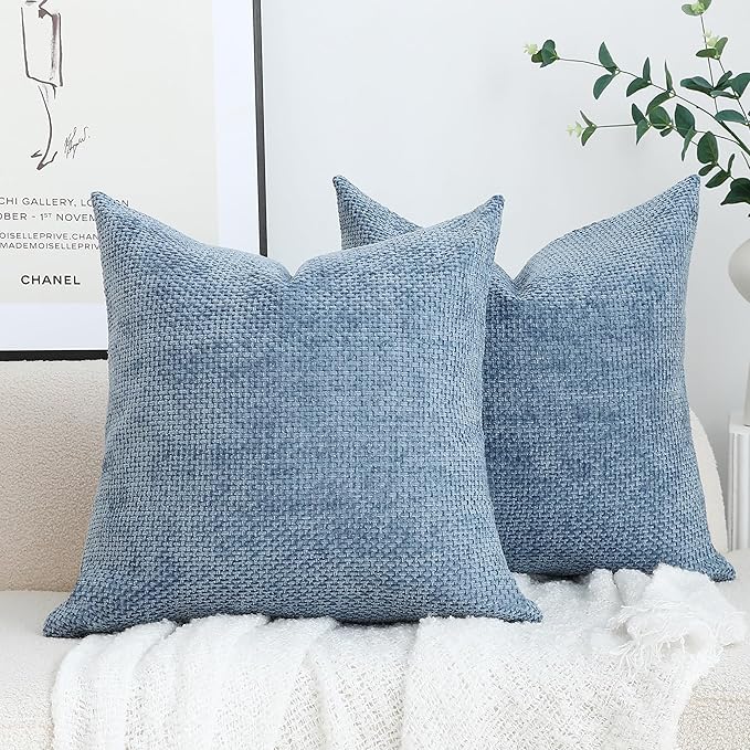 Stellhome Pack of 2 Woven Textured Decorative Throw Pillow Covers Soft Chenille Accent Luxury Cushion Cases for Living Room Couch Bed Sofa Farmhouse Boho Home, 16x16 inch, Dusty Blue