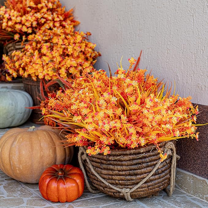 Artificial Fall Flowers Outdoor Fake Mums - 16 Bundles Fake Plants UV Resistant No Fade Faux Plastic Greenery Garden Porch Patio Fall Home Decor (1, OrangeYellow)