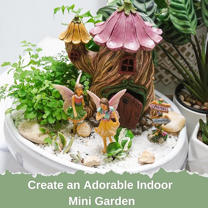 PRETMANNS Fairy House Kit - Fairy Garden Accessories for Outdoor Miniature Village Decor, with Fairies & Sign - House, 7 ‘ High & Door can Open Wide - 4 Piece Supplies