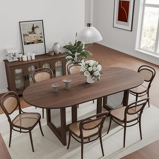 Casaphoria 67" Dining Table, Wicker Base Modern Kitchen Table for 4-6, Farmhouse Style with Oval Top & Wicker Base, Easy Assembly for Living Room, Kitchen, Walnut Wood