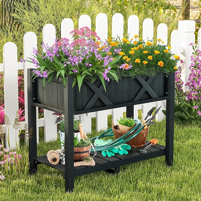 Giantex HIPS Raised Garden Bed, Elevated Planter Box w/Legs, Storage Shelf, Drainage Holes, Weather-Proof Standing Raised Beds for Backyard Balcony Flower Vegetable (Black, 34" x 18" x 29")