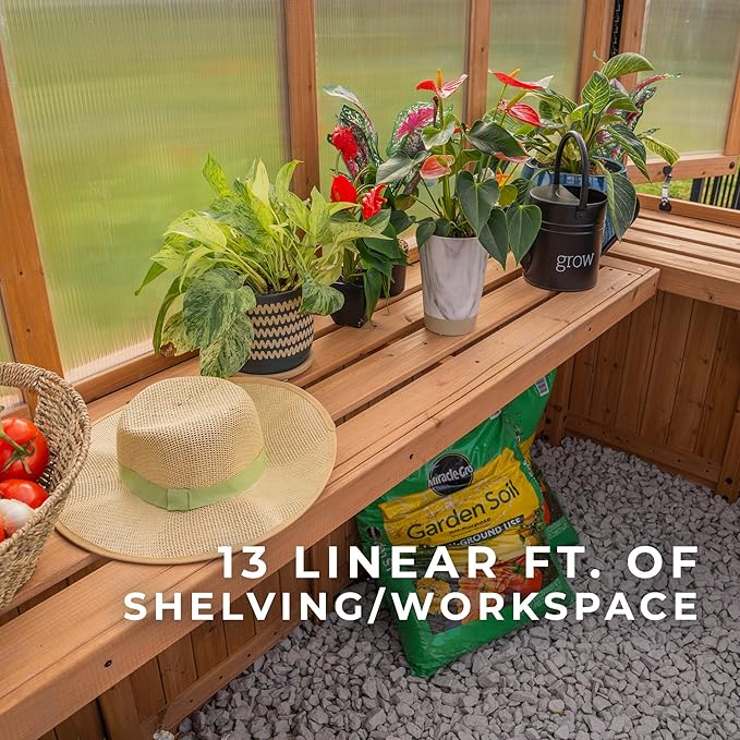 Backyard Discovery Willow 9' x 6' Cedar Wood and Polycarbonate Walk-in Greenhouse Kit with Exhaust Fan, Windows, Hose Hook-Ups, PowerPort, Staging Shelves for Year-Round Outdoor Gardening