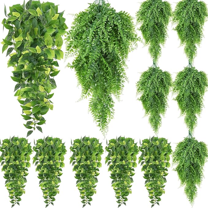 Hoteam 12 Pcs Artificial Hanging Plants 32 Inch Fake Ivy Vines with Fake Leaves Patio Artificial Plants Greenery for Living Room Indoor Outdoor Wall, No Basket (Pothos,Persian Grass)