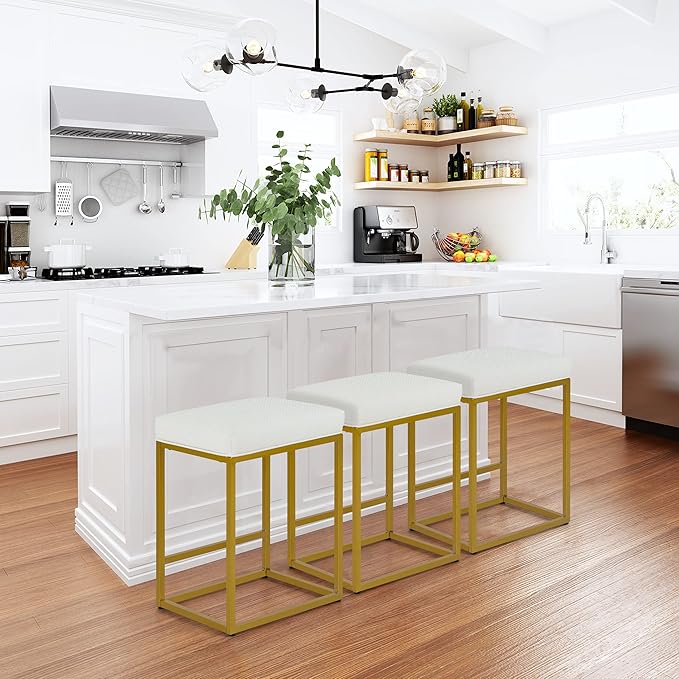 PHI VILLA Bar Stools Set of 3 - Thick Cushion Metal Steel Frame Base with Footrest Kitchen Stools, Gold Bar stools