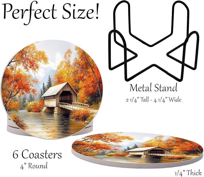 Fall Season Leaves Round Coasters Set of 6 - Abosrbent Ceramic Coasters with Metal Stand for Drinks, Coffee, Non-Slip Cork Back for Tabletop Protection, 4 Inches (Bridge)