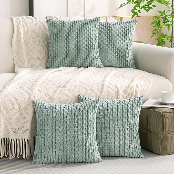 Set of 4 Aqua Decorative Throw Pillow Covers 18x18 Inch Corduroy Pillow Covers for Bed Couch Sofa Living Room Soft Square Cushion Cases