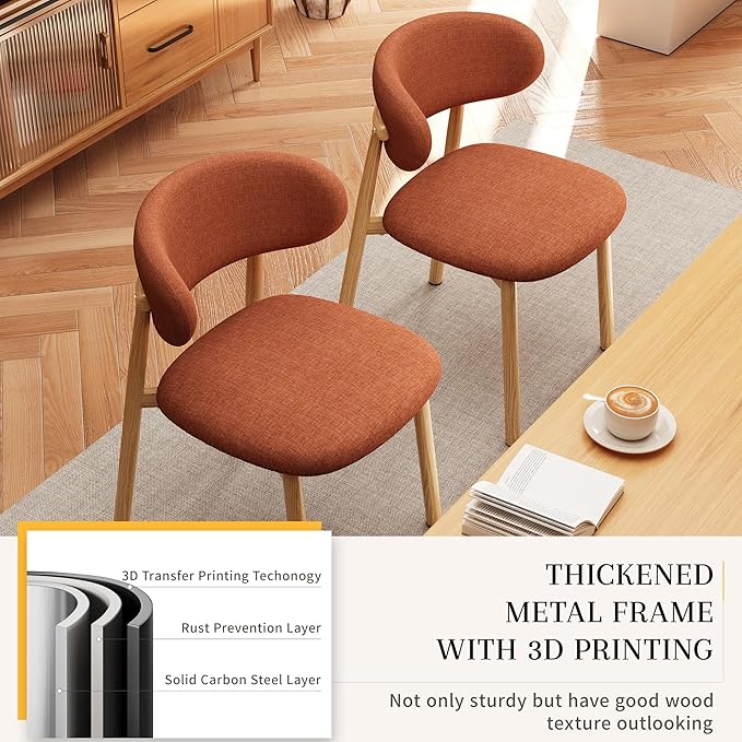 Kitchen Dining Chairs Set of 2 Modern Soft Linen Farmhouse Dining Room Chair with Metal Legs, Orange/Original
