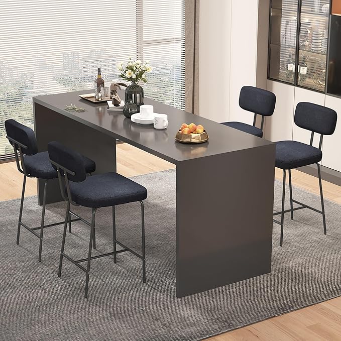 Counter Height Bar Stools Set of 3, 26" Black Fabric Kitchen Counter Stools with Backs, Metal Legs, Footrest and Wide Seat, Bar Chairs for Kitchen Island