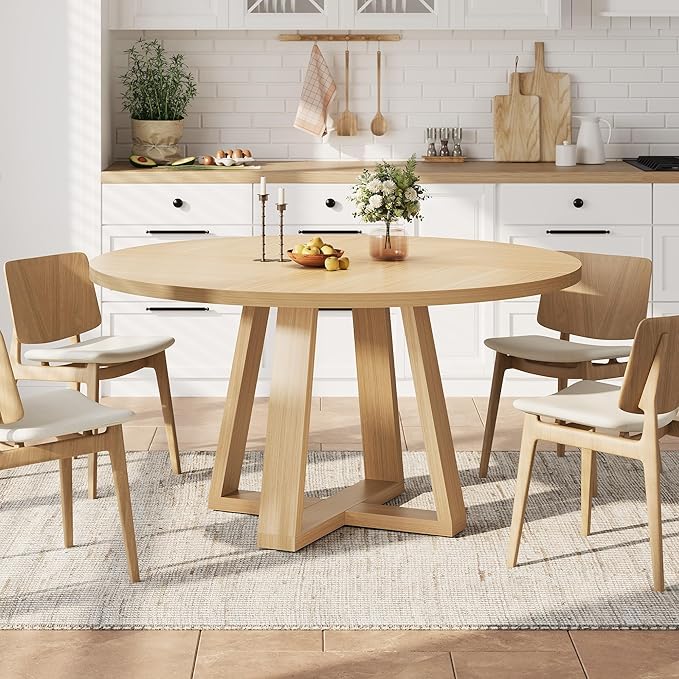 GAOMON Round Dining Table for 4-6, 47" Circle Dining Room Table with Sturdy Cross Base, Farmhouse Wood Dinner Table for Apartment Kitchen Living Room, Natural (Table Only)