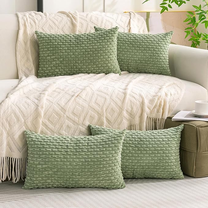Set of 4 Sage Green Decorative Throw Pillow Covers 12x20 Inch Corduroy Pillow Covers for Bed Couch Sofa Living Room Soft Cushion Cases