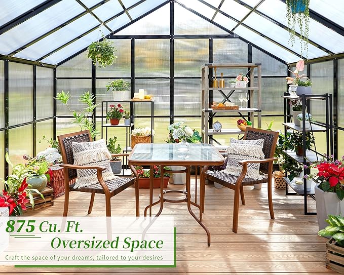 Jocisland 12x13.5x9 Polycarbonate Outdoor Aluminum Greenhouse - Quick Connect Fittings, 6.7 FT Height Bronze Double Doors, 4 Ventilation, Walk In Backyard Garden Greenhouse