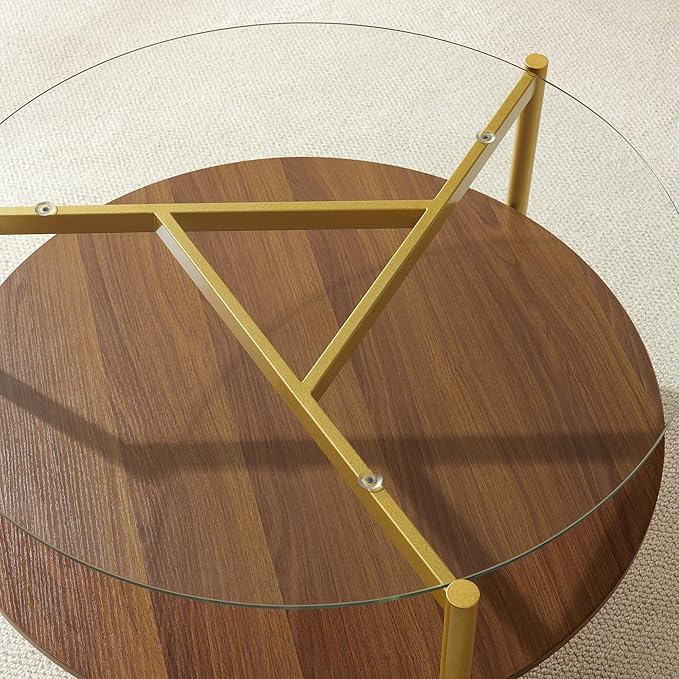 Round Coffee Table, Mid-Century Modern Design, D30*H17 inch, for Living Room, 2-Tier Structure, Clear Glass Top and Walnut MDF Shelf, Sleek Conical Metal Legs with Gold Finish