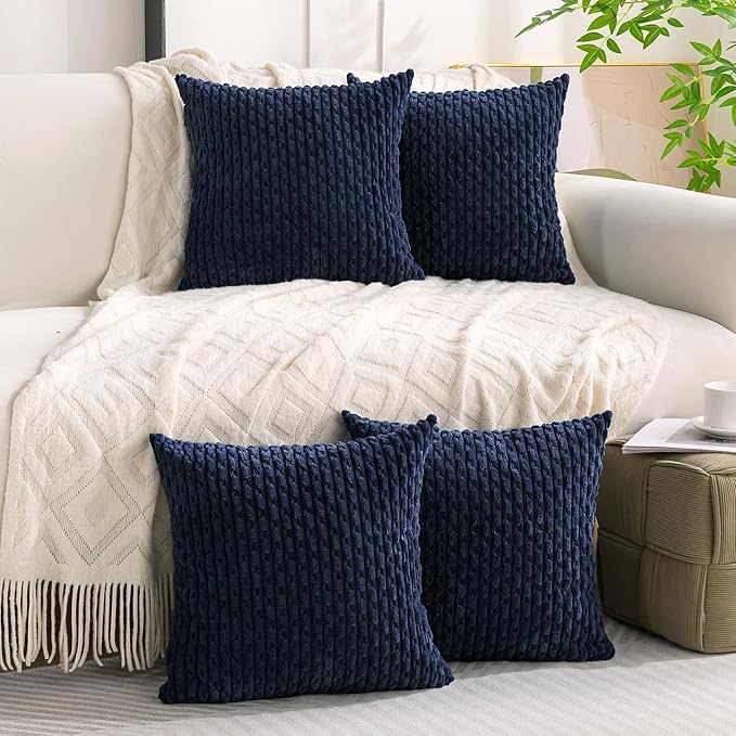 Set of 4 Navy Blue Decorative Throw Pillow Covers 18x18 Inch Corduroy Pillow Covers for Bed Couch Sofa Living Room Soft Square Cushion Cases