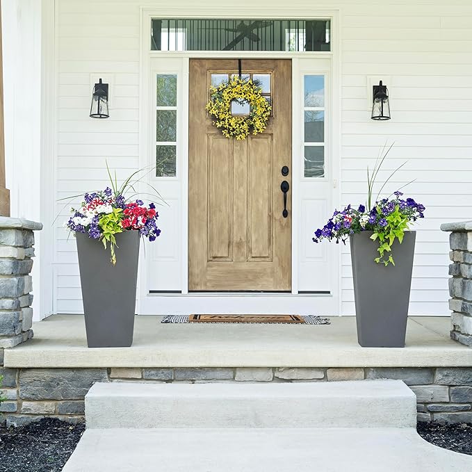 Step2 Tremont Tall Square Tapered Planter, Large Planters for Outdoor Plants, Gardening and Flower Pot for Patio or Porch, Efficient Drainage, Durable Plastic, Dark Cedar, 2-Pack