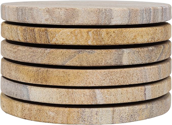Sandstone Water Absorbent Hand Crafted Round Coasters for Drinks - 4 Inches Wide Thirsty Stone Bar/Drink Coasters- Made from Rainbow Sandstone (Set of 6 Without Holder)