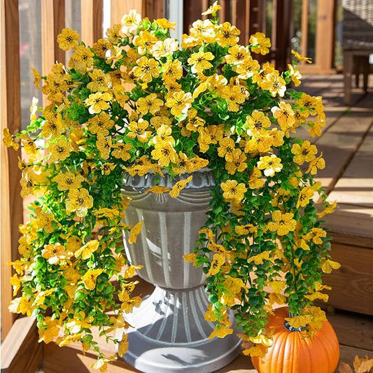 INSPRING Artificial Flowers Fall Faux Outdoor Outside Plants, 2 PCS Fake Silk UV Resistant Look Real Yellow Daisy Trailing Vines for Front Door Porch Planter Urn Patio Balcony Decoration