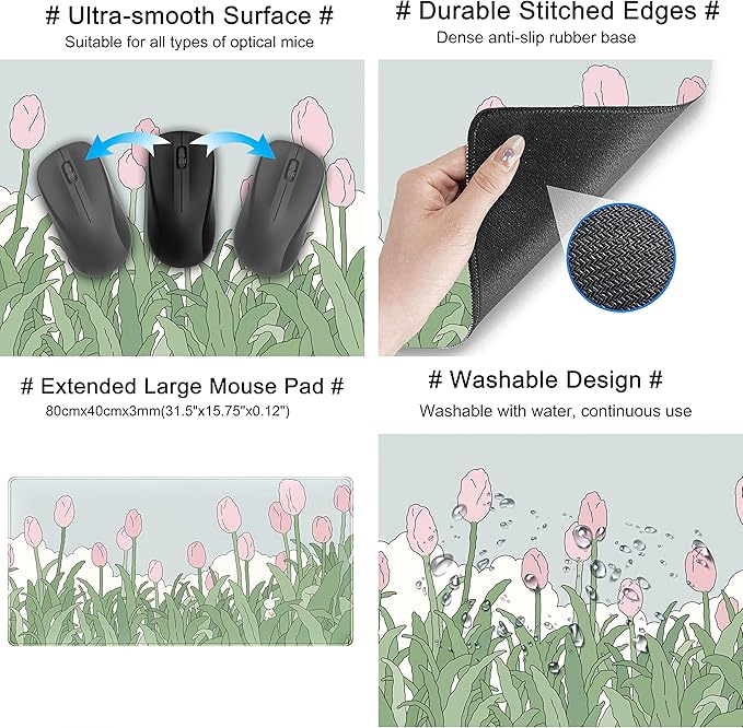 WatercolorTulip Flower Mouse Pads,Extended Gaming Mousepad XXL Kawaii Anime Desk Mat Pink Green Large Full Desk Mouse Pad for Wireless Mouse Keyboard Mat with Stitched Edges 31.5" x15.75