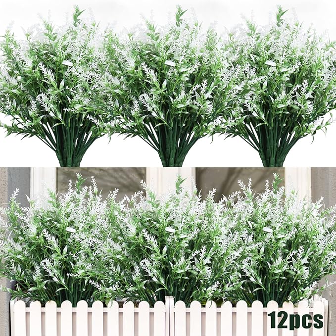 Artificial Flowers Outdoor UV Resistant Fake Flowers,Artificial Plants & Flowers Greenery Plants for Indoor Outside Hanging Planter Garden Window Box Porch Spring Decoration,Front Porch Decor(White)
