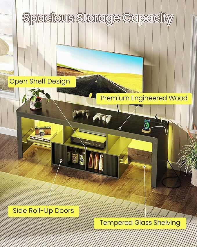 TV Stand with Power Outlet, Modern TV Cabinet for 55 60 inch TVs, Media TV Console with LED Light Strip, Media Entertainment Center with Storage, for Living Room, Bedroom, Black MDS02UDBB