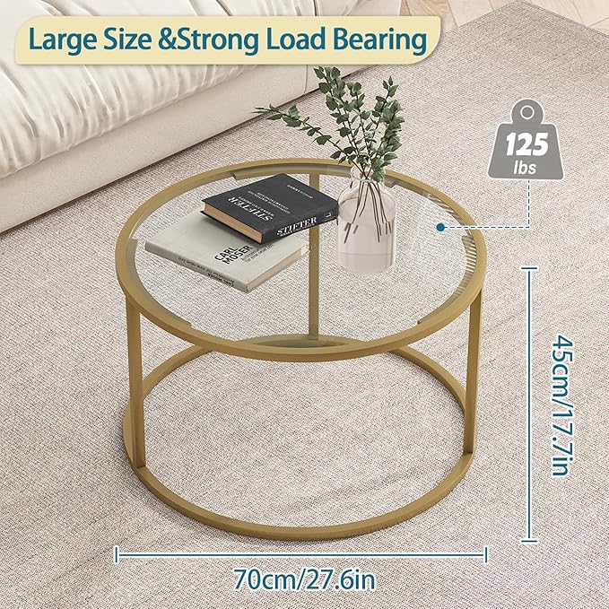 Round Glass Coffee Table,Small Living Room Table for Small Space,Modern Center Table with Glass Top Clear & Sturdy Metal Frame for for Living Room Home Office, Easy Assembly,27 x 27 x 17 Inch,Gold