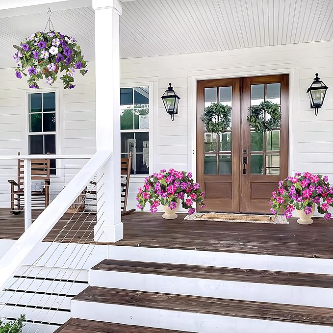 Artificial Fake Flowers Plants for Outdoor Decoration, 2PCS Faux Petunias Silk Flower UV Resistant No Fade Floral for Home Outside Garden Balcony Yard Porch Realistic Indoor Decor (Red Lotus)