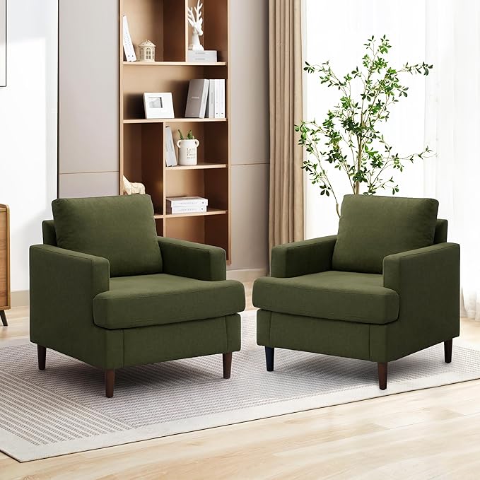 Mid-Century Accent Chair,Modern Linen Fabric Armchair for Living Room,Comfy Upholstered Reading Accent Chairs for Bedroom,Single Sofa Chair with Wood Legs (Green, 2 Pack)