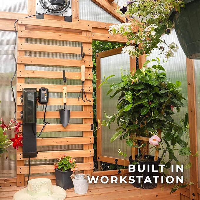 Backyard Discovery Bellerose 9' x 6' Cedar Wood and Polycarbonate Walk-in Greenhouse Kit with Pergola, Exhaust Fan, Windows, Hose Hook-Ups, PowerPort, Staging Shelves for Year-Round Outdoor Gardening