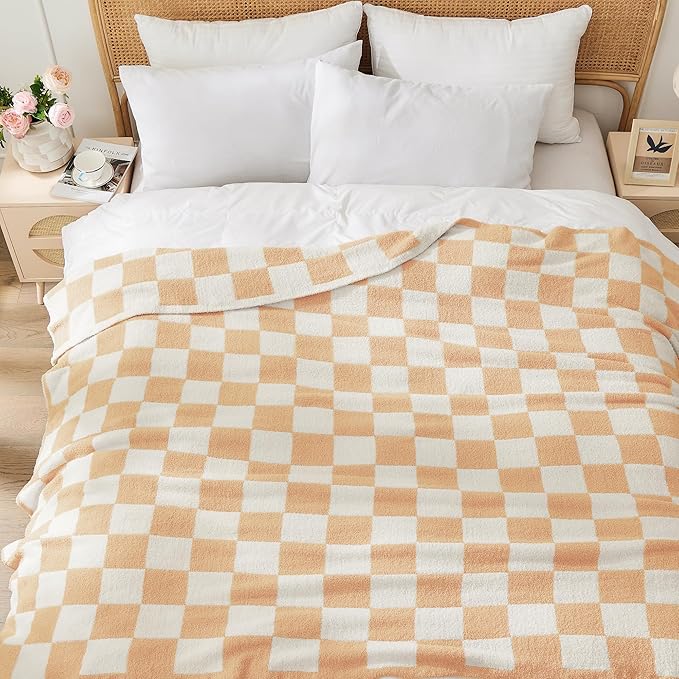 JOOJA Soft Cozy Checkerboard Peach Blanket Fluffy Knit Throw for Couch Plaid Checkered Blanket Peach 50x60 in