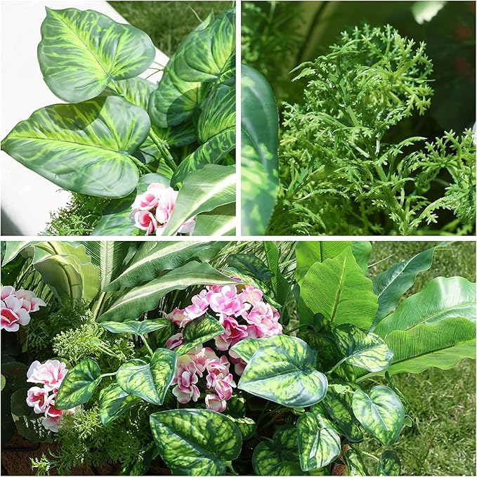 Artificial Greenery Plants & Flowers for Outdoor UV Resistant 10 Bundles Fake Plants Plastic Leaves with Stems for Outside Garden Porch Decor (Mixed-PurplePink)