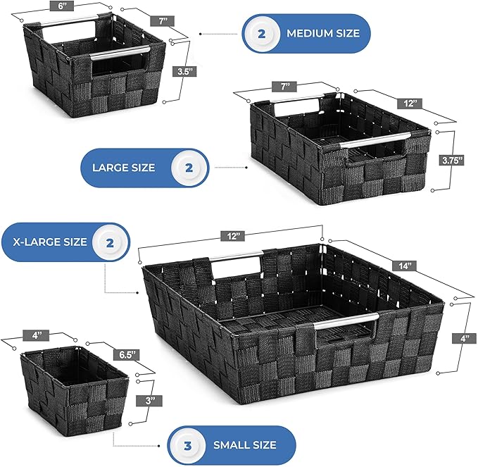 Sorbus Set of 9 Woven Storage Baskets – Mesh Hand-Woven Baskets for Organizing, Fabric Storage Bins for Linen Closet Organizer, Storage Baskets for Shelves, Home Organization and Decor (Black)