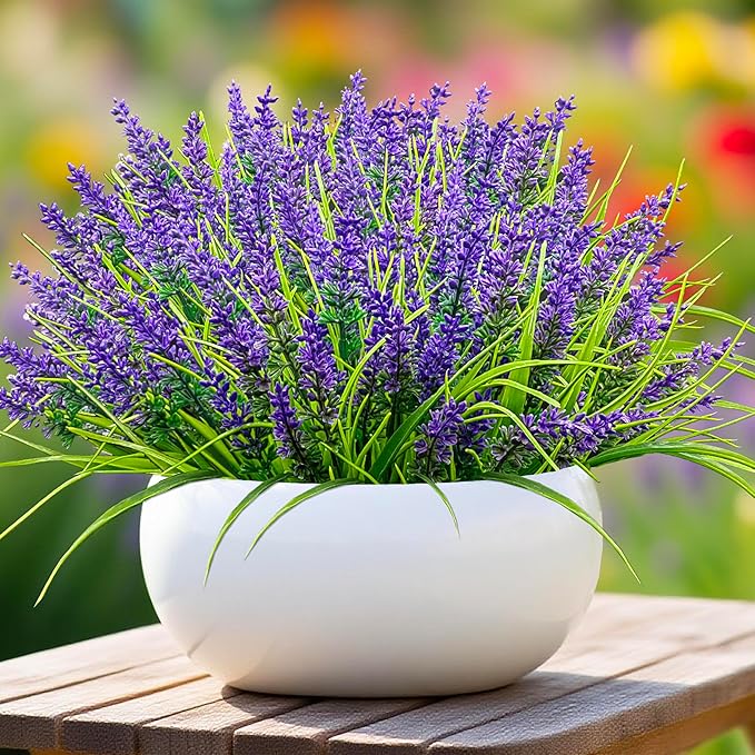 24 Bundles Artificial Lavender Flowers for Outdoors, UV Resistant Faux Plants, Monkey Grass, Fake Plastic Flowers for Porch, Garden, Window Box, Office & Home Decor