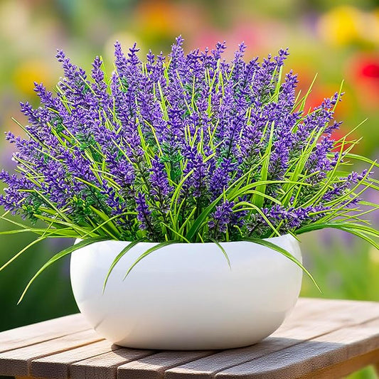 24 Bundles Artificial Lavender Flowers for Outdoors, UV Resistant Faux Plants, Monkey Grass, Fake Plastic Flowers for Porch, Garden, Window Box, Office & Home Decor