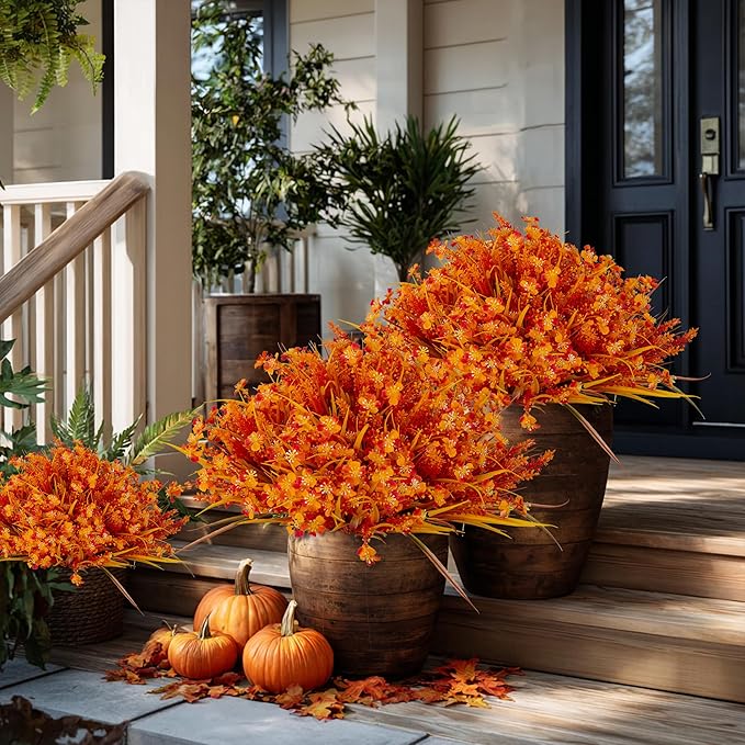 Artificial Fall Flowers Outdoor Fake Mums - 16 Bundles Fake Plants UV Resistant No Fade Faux Plastic Greenery Garden Porch Patio Fall Home Decor (1, OrangeYellow)