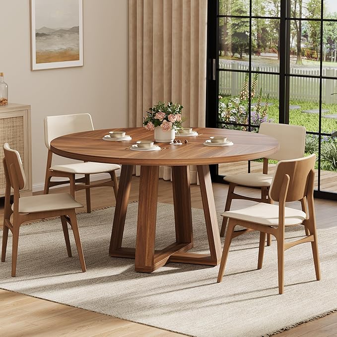 GAOMON Round Dining Table for 4-6, 47" Circle Dining Room Table with Sturdy Cross Base, Farmhouse Wood Dinner Table for Apartment Kitchen Living Room, Walnut (Table Only)