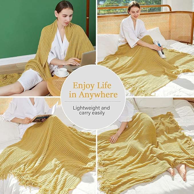 Blagic Knitted Throw Blanket for Couch Soft Farmhouse Boho Throw Blanket with Tassels Home Decorative Lightweight Throw Blankets,Mustard Yellow Throws for Bed/Chair/Sofa, Wheat Textured,50" W x 60" L