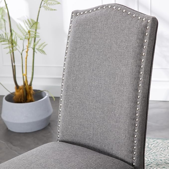 Stylish Upholstered Parsons Dining Chair Kitchen with Silver Nailhead Trim and Sturdy Solid Wood Legs